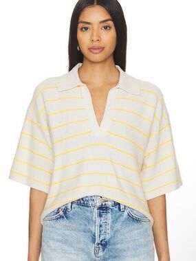 pistola Cream & Yellow Striped Collared V-Neck Crop Top